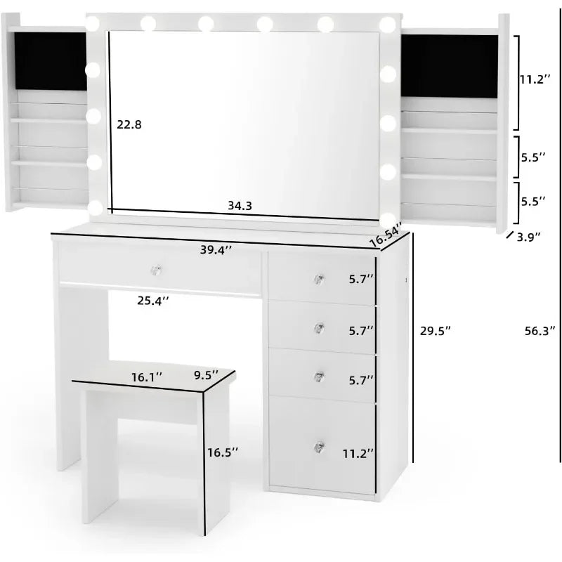 Makeup Vanity Desk with Lighted Mirror & Power Outlet 5 Drawers, Table 3 Lighting Modes Brightness Adjustable ShopOnlyDeal