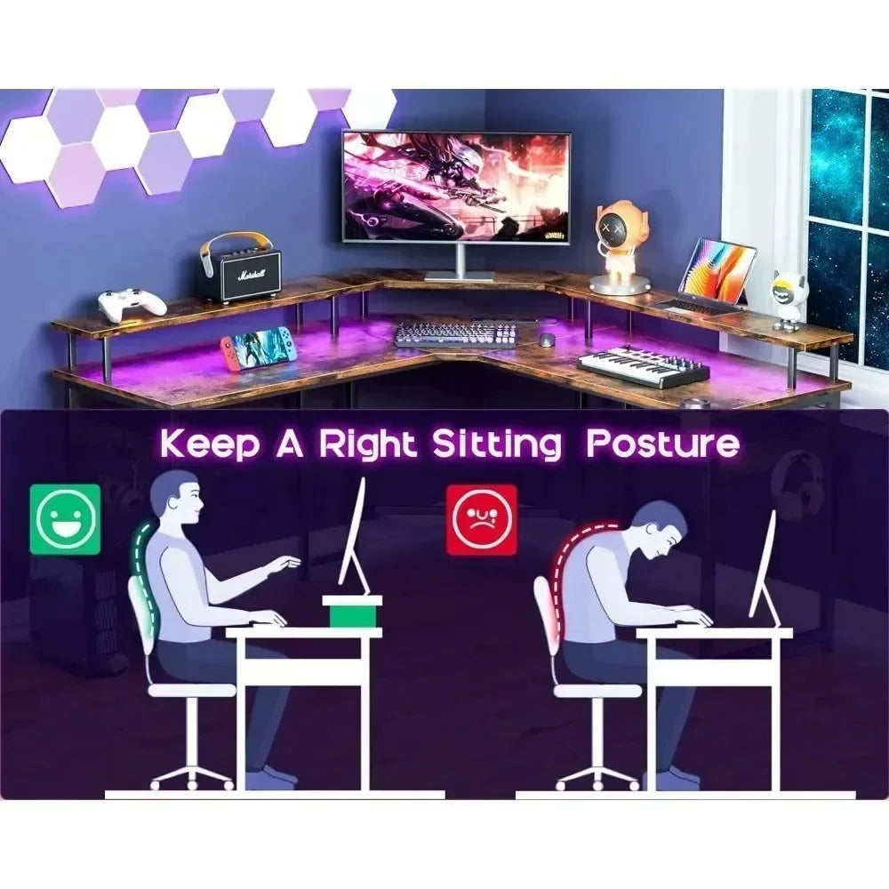 Gaming Powerhouse: 51" L Shaped Gaming Desk with LED Lights, Full Monitor Stand, and Integrated Power Outlets - Corner Desk with Cup Holder for Ultimate Gaming Setup ShopOnlyDeal