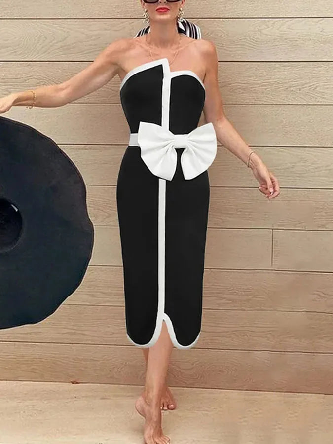 Fashion Female Black One-piece Swimsuit Waist White Edge Bow Tight Sexy Wrap Chest And Long Skirt Cover Up 2023 Newest Style ShopOnlyDeal