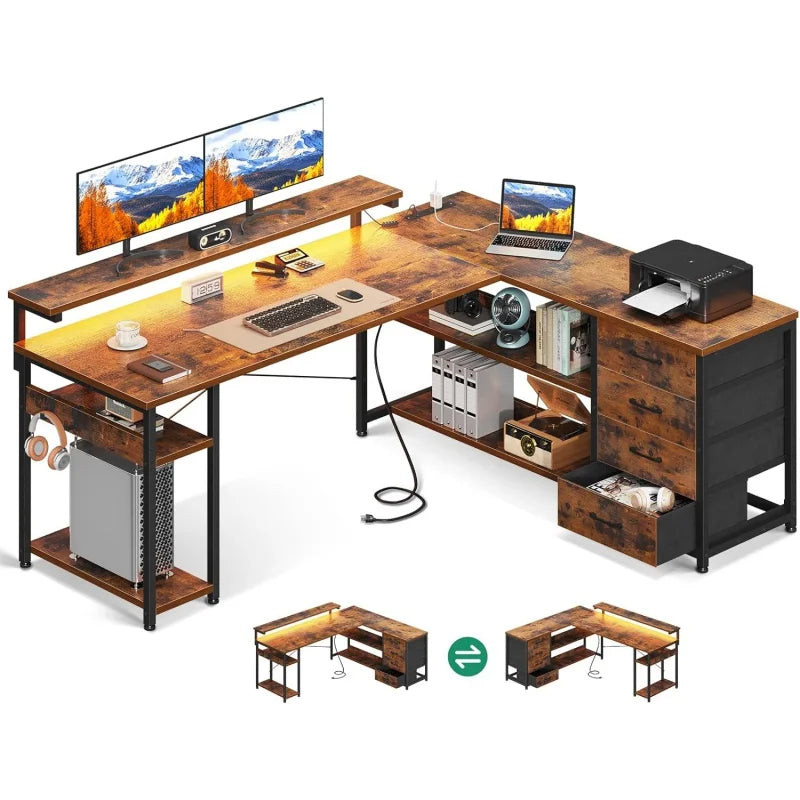 61" L Shaped Desk with Drawer, Computer Desk with Power Outlets & LED Lights ShopOnlyDeal