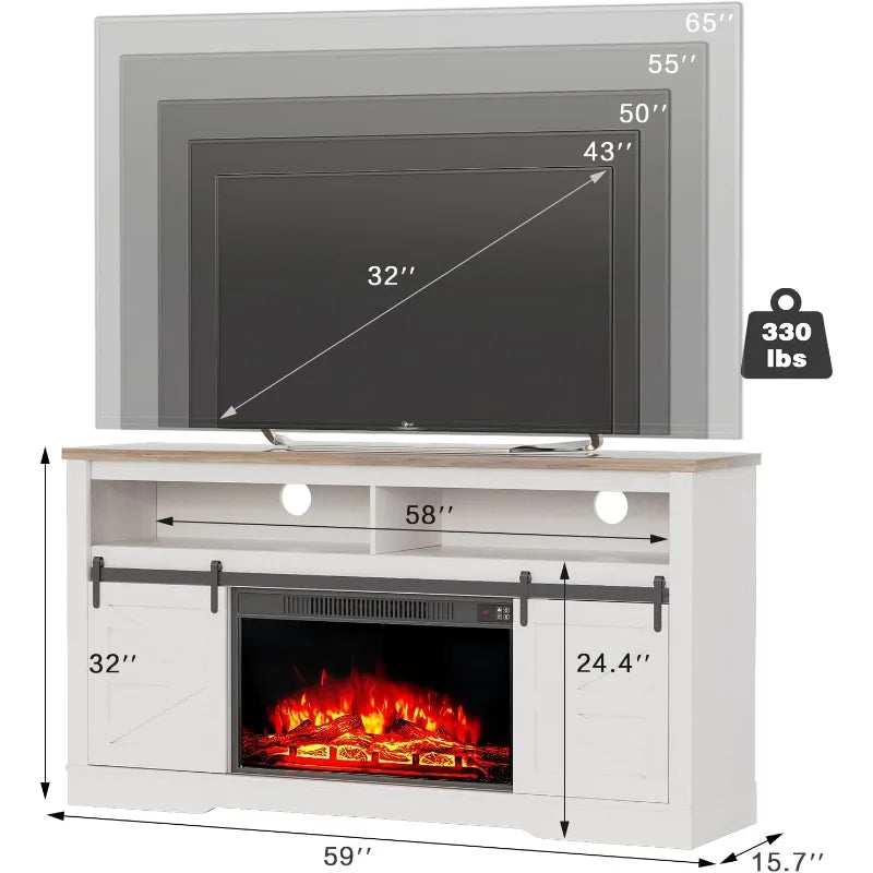 Fireplace TV Stand for Television up to 65+ Inch with Storage and Farmhouse Sliding Barn Doors, Entertainment Center ShopOnlyDeal