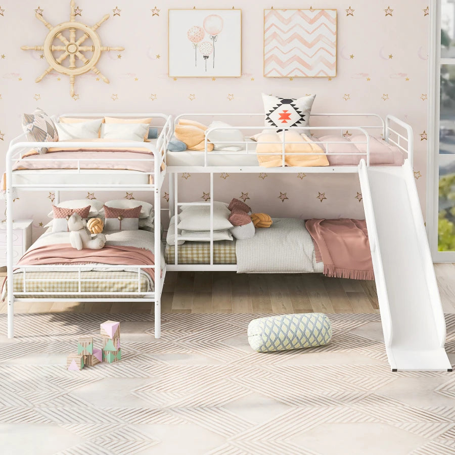 Twin Size L-Shaped Bunk Bed with Slide and Ladder, White ShopOnlyDeal