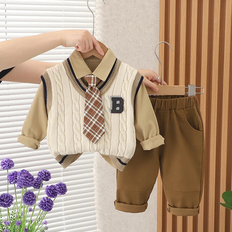 2023 Baby Boys Clothing Kids Sweater 3pcs Set Children  Cardigan Vest Long Sleeve Shirts Jeans Pants Boys Clothes Boys Outfit ShopOnlyDeal