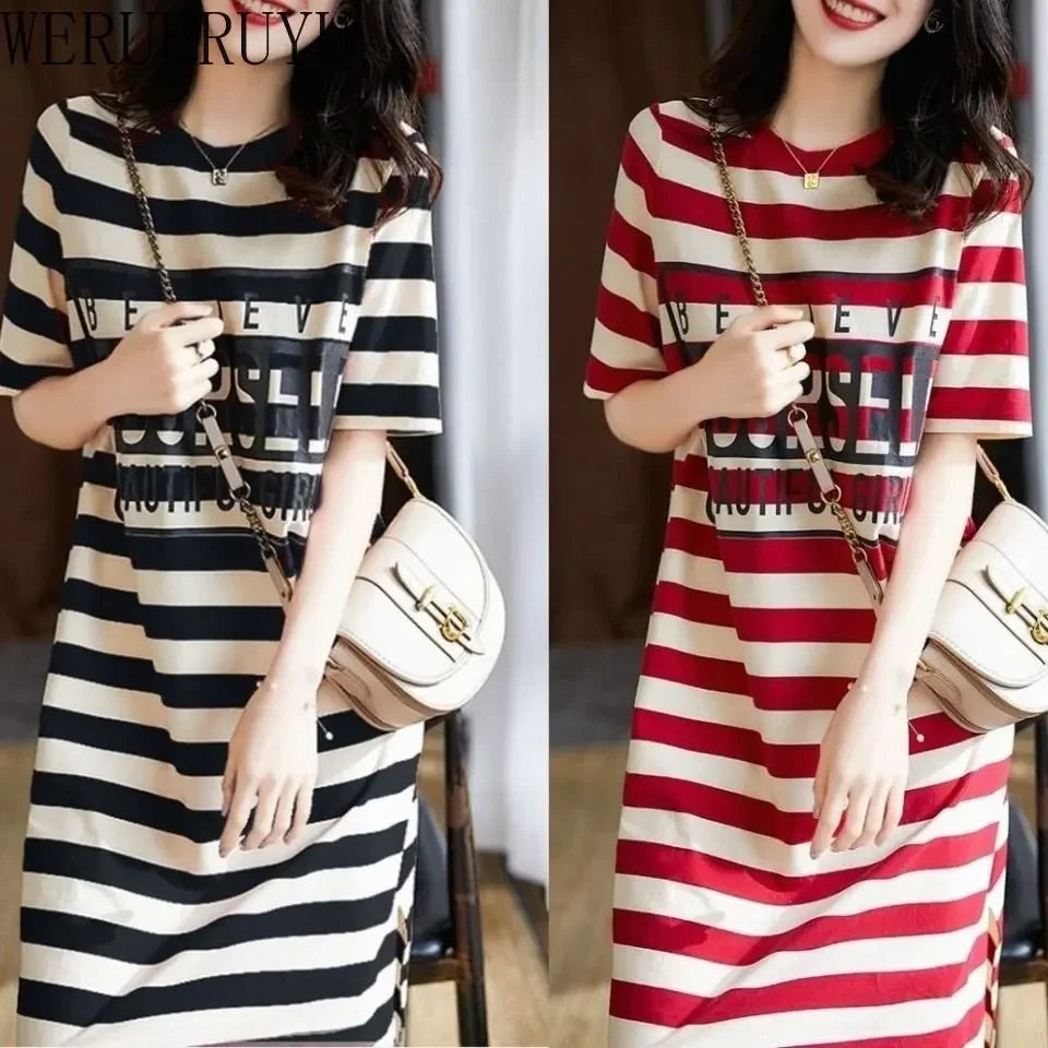 Striped Print Short Sleeve Midi Dress | Summer Aesthetic Clothes | Korean Fashion Casual Harajuku Dresses for Women 2024 ShopOnlyDeal