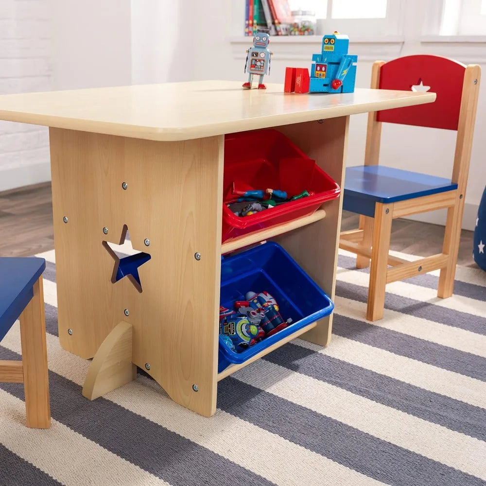 Wooden Star Table & Chair Set with 4 Storage Bins, Children's Furniture – Red, Blue & Natural ShopOnlyDeal