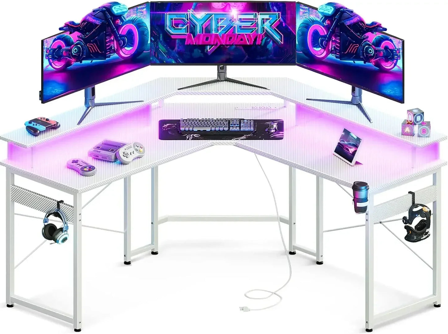 L Shaped Gaming Desk with LED Lights & Power Outlets, 51" Computer Desk with Full Monitor Stand, Corner Desk with Cup Holder ShopOnlyDeal