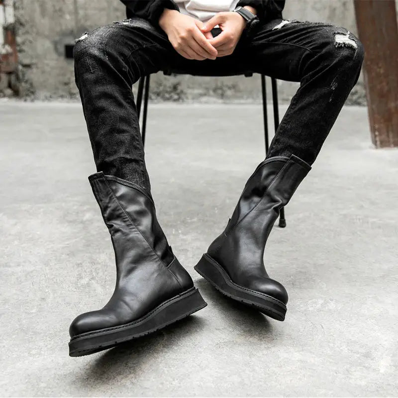 Fashion Men's Cowhide Genuine Leather Motorcycle Boots - High Riding Boots - Casual Snow Platform Shoes - Mid-Calf Boots in Black ShopOnlyDeal