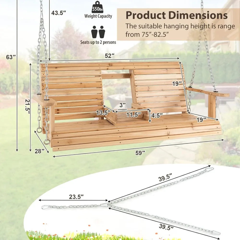 Outdoor swing, outdoor bench swing with adjustable chain, foldable cup holder,wooden hanging swing chair in backyard deck garden ShopOnlyDeal