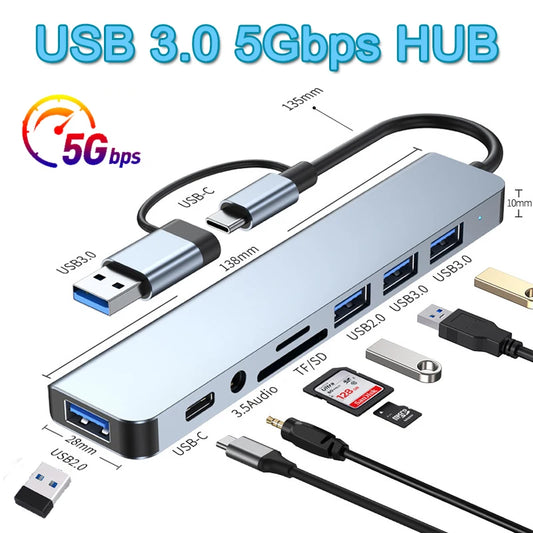 USB 3.0 5/8 Port Hub OTG Adapter 5Gpbs High Speed USB 3.0 2.0 Splitter 3.5 Audio for Xiaomi Macbook Pro Air Computer Accessories ShopOnlyDeal