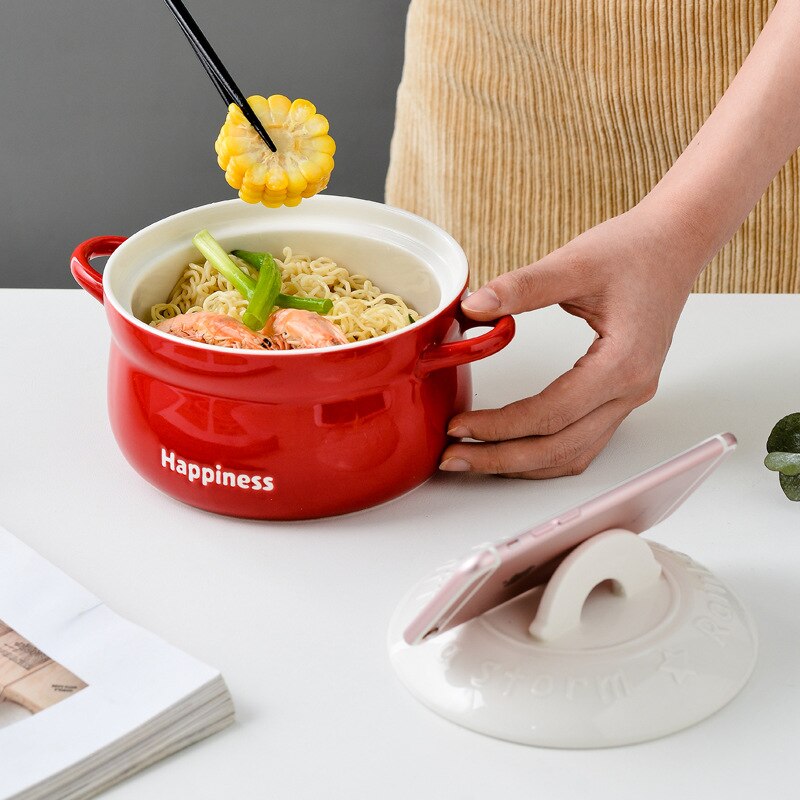 Instant Noodle Bowl Creative Ceramic Red Rainbow Phone Holder Large Cute Ramen Soup Fruit Salad with Handle Microwave Dishwasher Oven Safe ShopOnlyDeal