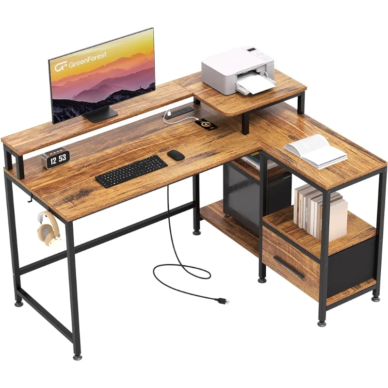 L Shaped Desk with Drawers and Power Outlet, 51 inch Computer Desk with  Printer Stand, 4 Tier Storage Shelves and Hooks ShopOnlyDeal