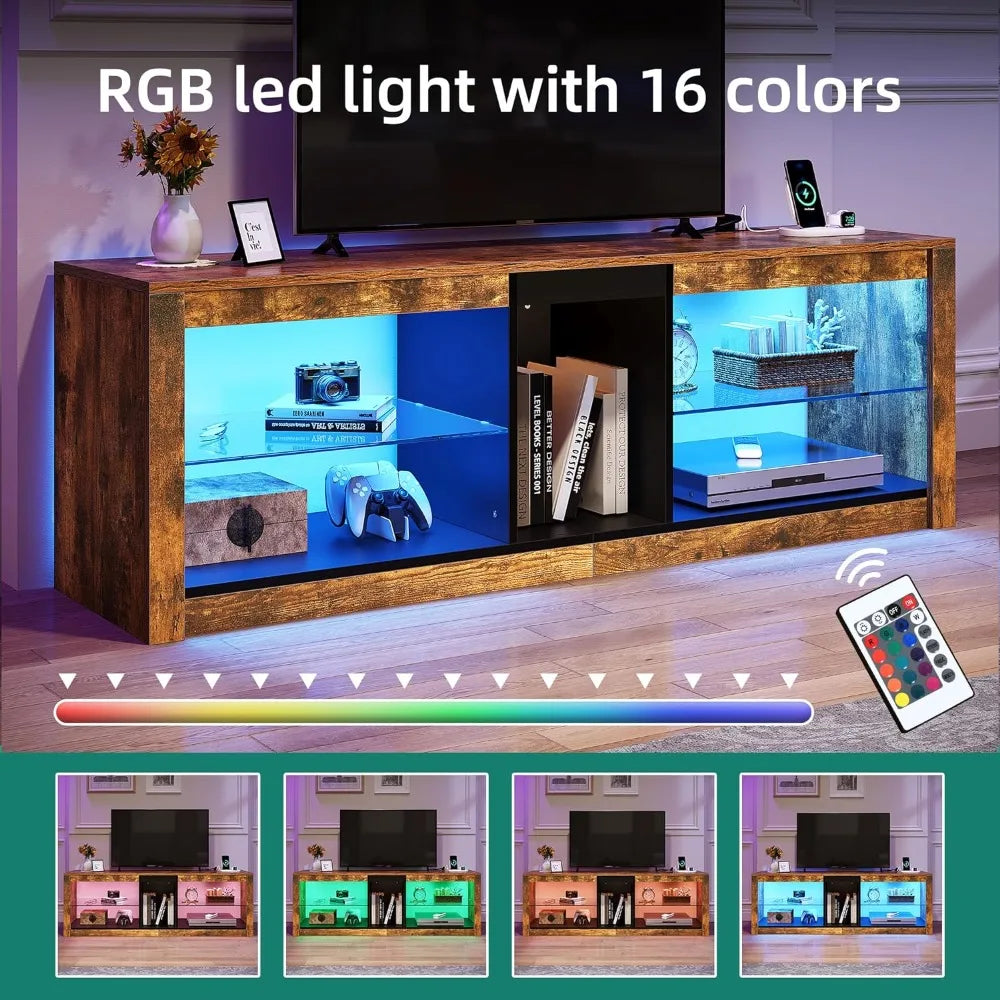 LED TV Stand w/Power Outlets for TVs up to 55/60 inch, Gaming Entertainment Center with Glass Shelves RGB Modes, Modern TV Stand ShopOnlyDeal