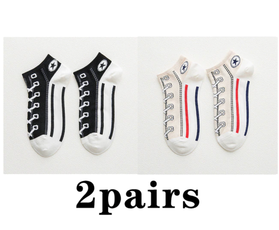 Shoe Print 2 Pairs Funny Kawaii Shoe Print Short Socks Cotton Fashion Harajuku Hip Hop Cute Japanese Soft Women Slippers Socks Converse Style ShopOnlyDeal