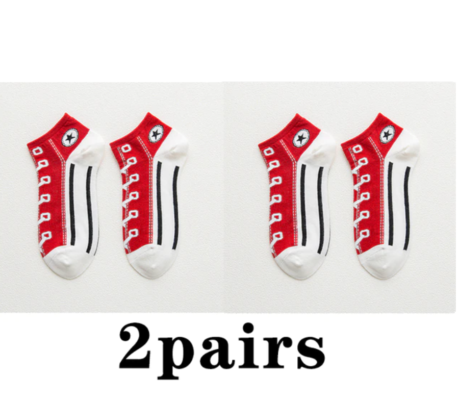 Shoe Print 2 Pairs Funny Kawaii Shoe Print Short Socks Cotton Fashion Harajuku Hip Hop Cute Japanese Soft Women Slippers Socks Converse Style ShopOnlyDeal