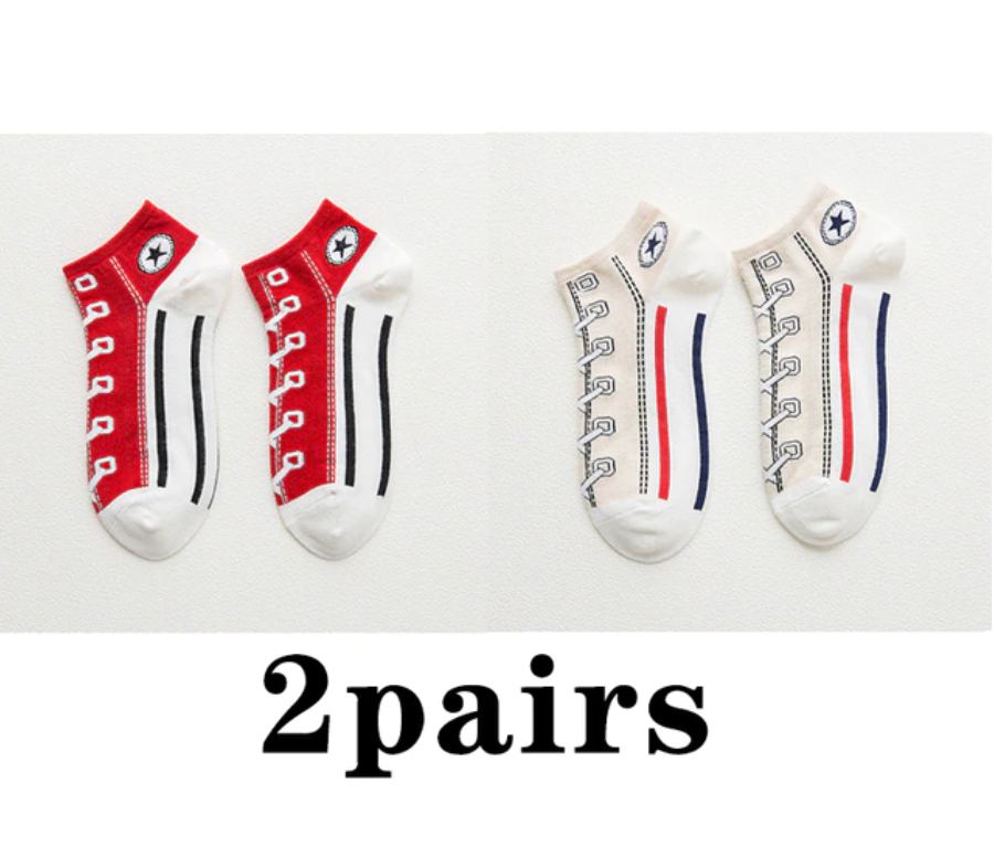 Shoe Print 2 Pairs Funny Kawaii Shoe Print Short Socks Cotton Fashion Harajuku Hip Hop Cute Japanese Soft Women Slippers Socks Converse Style ShopOnlyDeal