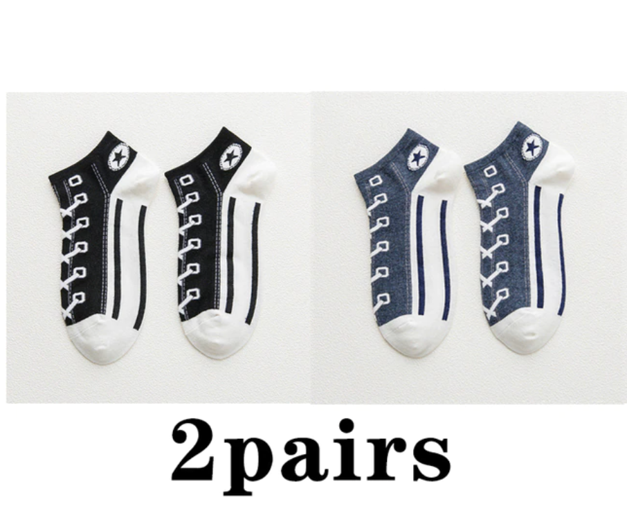 Shoe Print 2 Pairs Funny Kawaii Shoe Print Short Socks Cotton Fashion Harajuku Hip Hop Cute Japanese Soft Women Slippers Socks Converse Style ShopOnlyDeal