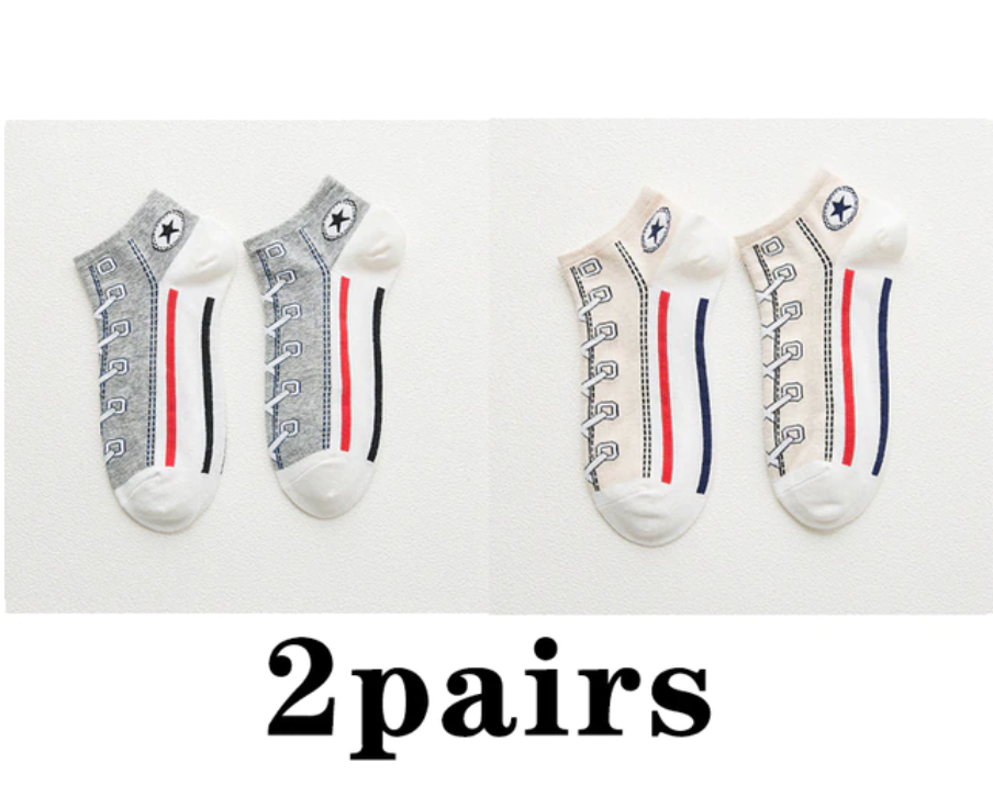 Shoe Print 2 Pairs Funny Kawaii Shoe Print Short Socks Cotton Fashion Harajuku Hip Hop Cute Japanese Soft Women Slippers Socks Converse Style ShopOnlyDeal