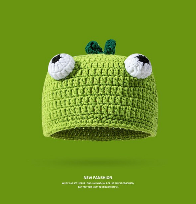 Funny Woolen Cap Female Autumn and Winter Little Devil Green Knitted Sleeve Cap bucket hat men  bucket hat women ShopOnlyDeal