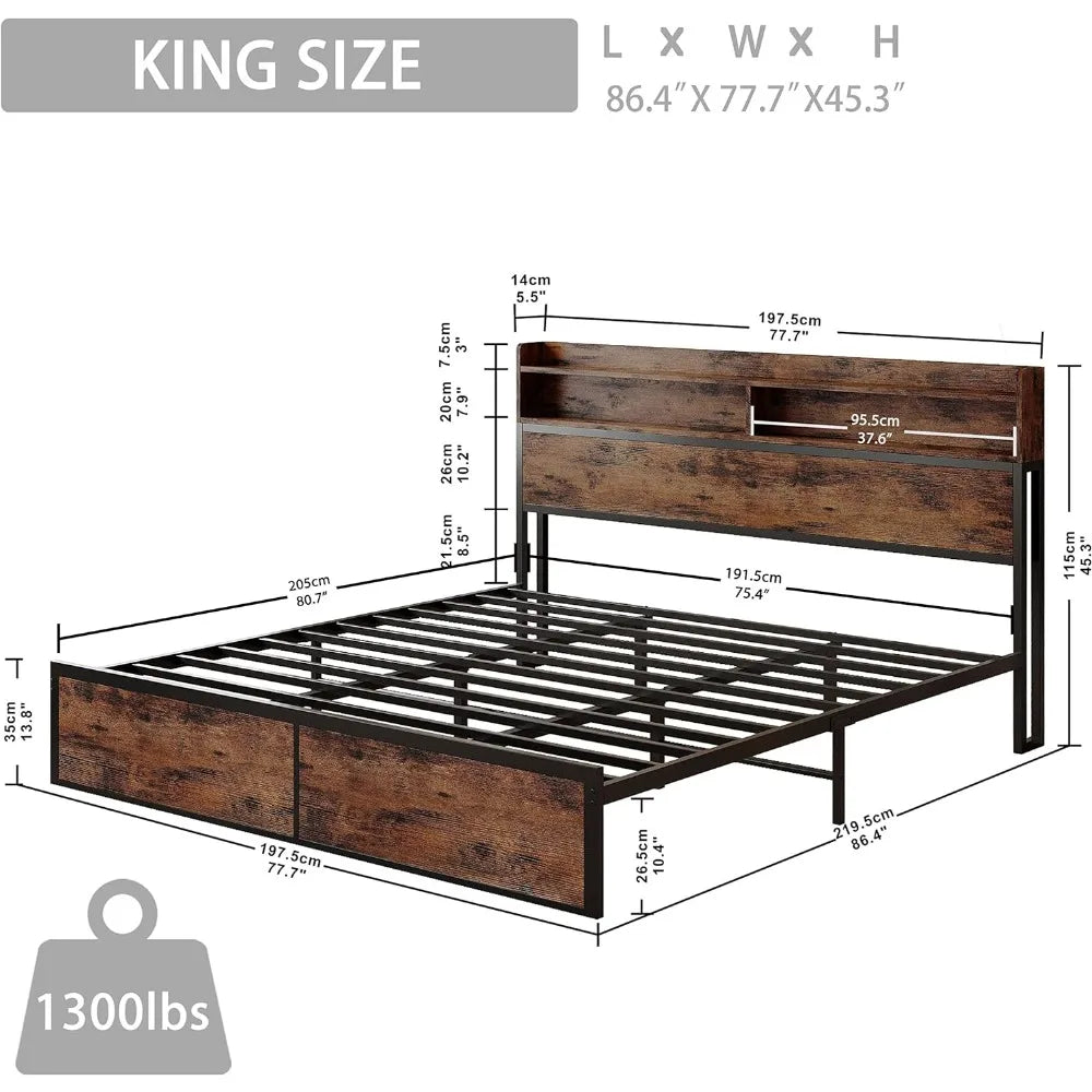 Bed frame, bookshelf headboard with charging station, platform storage bed, sturdy and stable, noise free, spring free bed frame ShopOnlyDeal