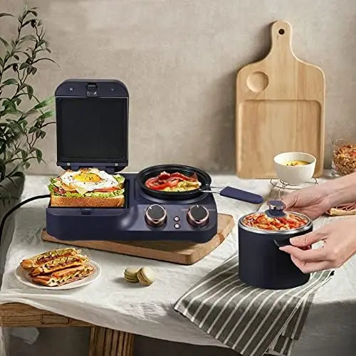 3 in 1 Breakfast Station,  Retro Toaster Breakfast Machine Sandwich Maker with Detachable Non-stick Coating Plate,Stockpot with Gl ShopOnlyDeal