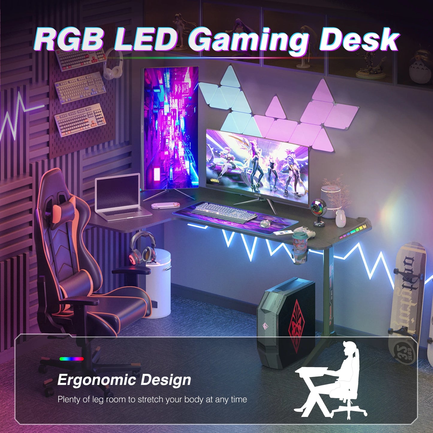 Large Standing Desk L Shaped, 60 Inch Gaming Desk, Rising Sit Stand Up Corner Desk with RGB LED Lights for Computer Home Office ShopOnlyDeal