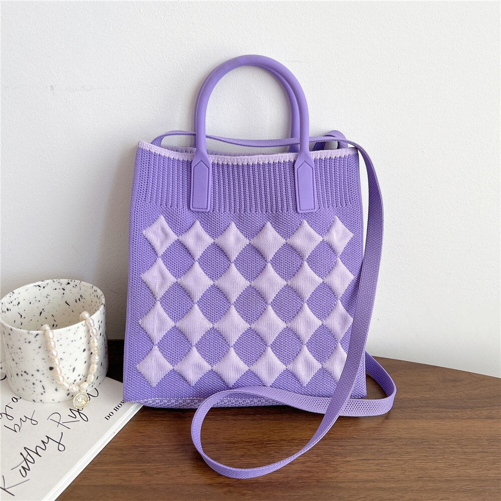 Mini Knitted Handmade Shopping Bags Women Reusable Crossbody Japanese Casua Knot Wrist Bag Student Stripe Plaid Tote Bag Phone Bag ShopOnlyDeal