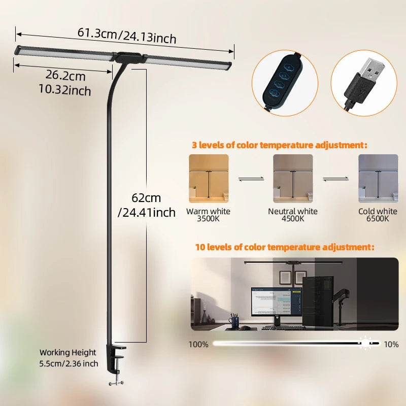 Double Head LED Desk Lamps Stepless Dimmable Led Computer Monitor Light USB Table Lamp for Office Study Reading Lighting Fixture ShopOnlyDeal