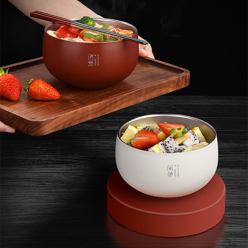 Japanese Large Ramen Bowl  Style Rice Soup Bowl with Lid Stainless Steel Kitchen Double Layer Fruit Metal Tableware Food Container ShopOnlyDeal