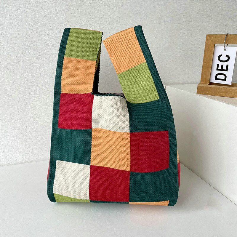 Korean Knit Handbag Women Wrist Bag Casual Wide Stripe Plaid Tote Bag Foldable Eco Shopping Bag Reusable Grocery Storage Bag ShopOnlyDeal