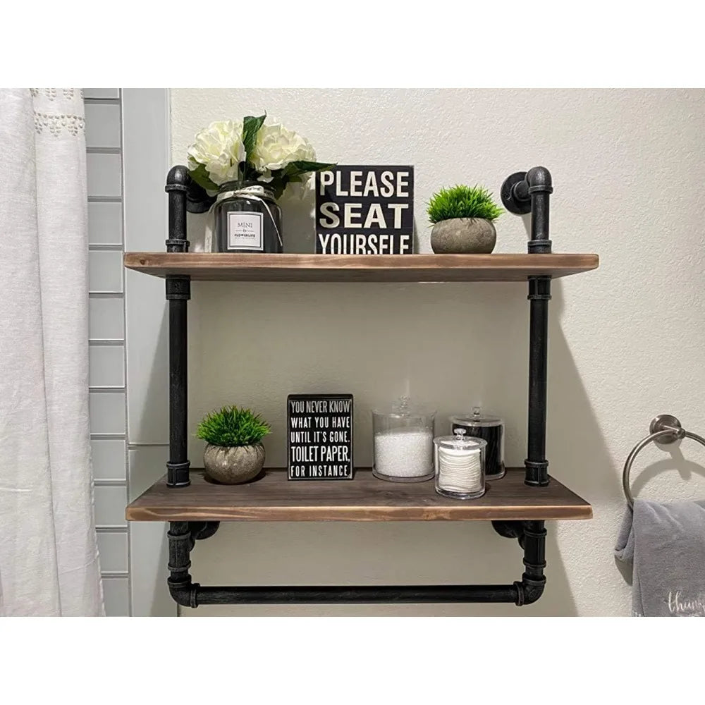 Industrial Wood Bathroom Shelf Over Toilet with Towel Bar | 24in Pipe Shelves | Wall Mounted Shower Organizer ShopOnlyDeal