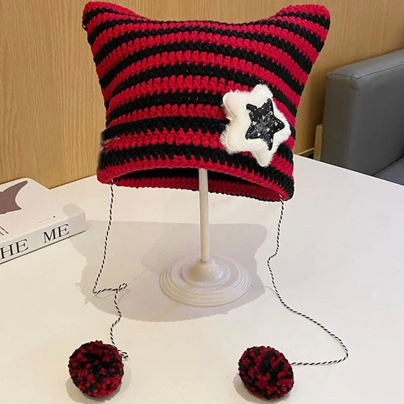 Y2K Cute Star Devil Knitted Beanie Hat Ins Skullies Striped Knitting Wool Cap Autumn Winter Cat Ears Pointed Pullover Women Hats ShopOnlyDeal