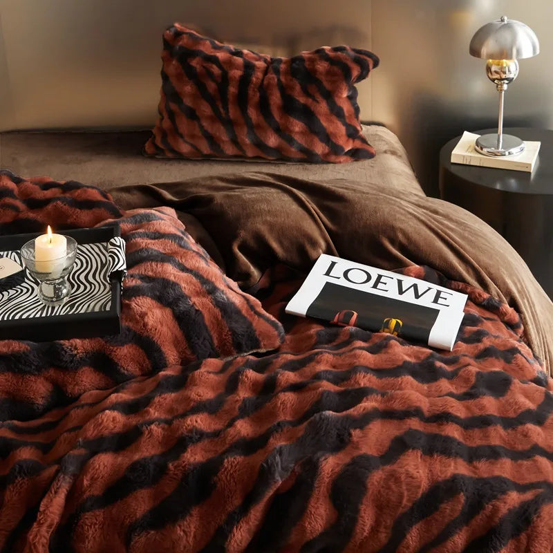 New Leopard Print Milk Fleece Plush Thickened Winter Warm Four-piece Gradient Quilt Cover Sheet Quilt Cover Blanket Bedding Set ShopOnlyDeal