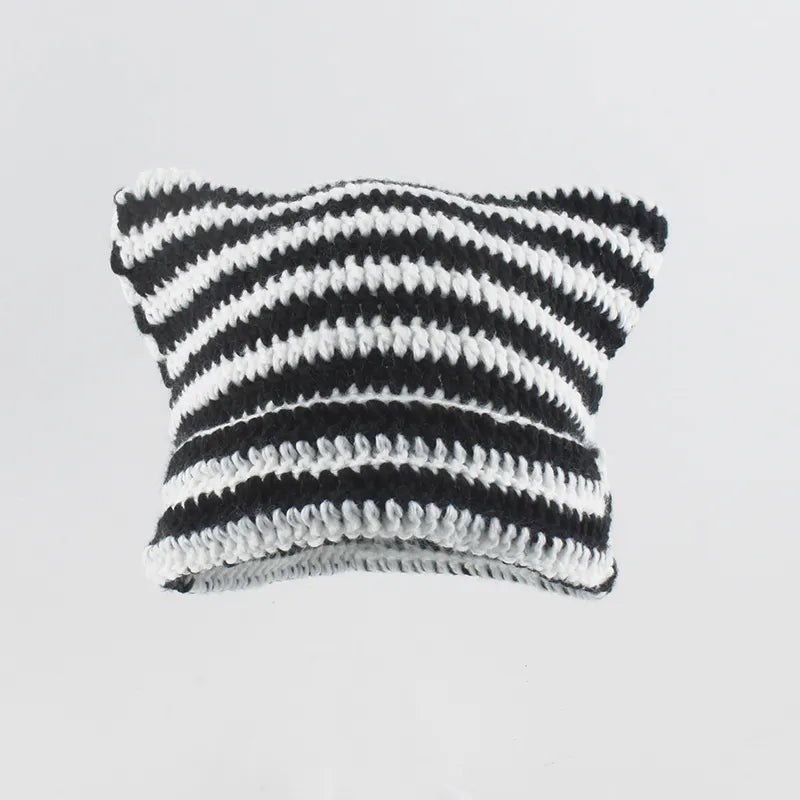 Japanese Streetwear Harajuku Beanie Little Devil Striped Knitted Hat Women Girls Autumn Winter Cute Cat Ears Cap ShopOnlyDeal