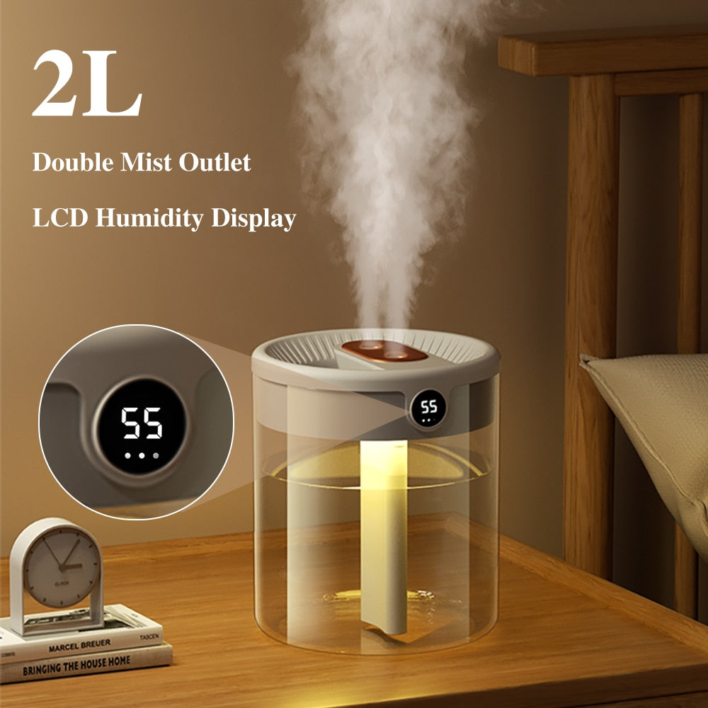 Air Humidifier 2L Large Capacity H2O Double Nozzle With LCD Humidity Display Aroma Essential Oil Diffuser For Home Portable USB ShopOnlyDeal