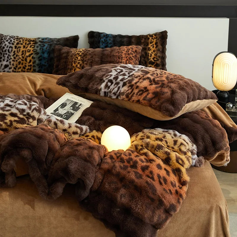 New Leopard Print Milk Fleece Plush Thickened Winter Warm Four-piece Gradient Quilt Cover Sheet Quilt Cover Blanket Bedding Set ShopOnlyDeal