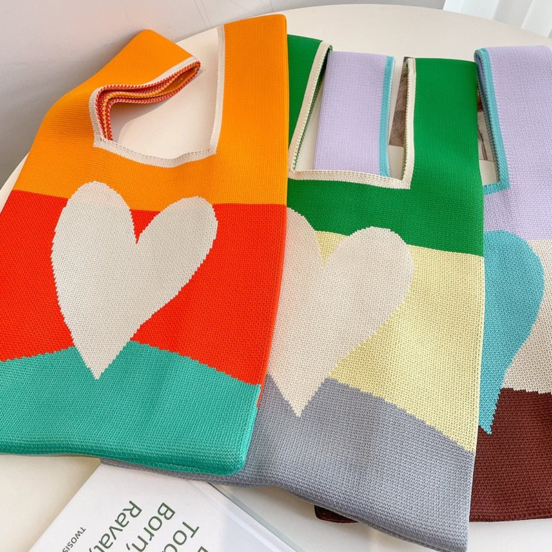 Knitted Tote Bag Women Japanese Style Girls Love Handbag Student Reusable Shopping Bags Large Capacity Travel Bags 24*42cm ShopOnlyDeal