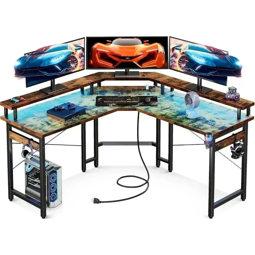 L Shaped Gaming Desk with LED Lights & Power Outlets, 51" Computer Desk with Full Monitor Stand, Corner Desk with Cup Holder ShopOnlyDeal