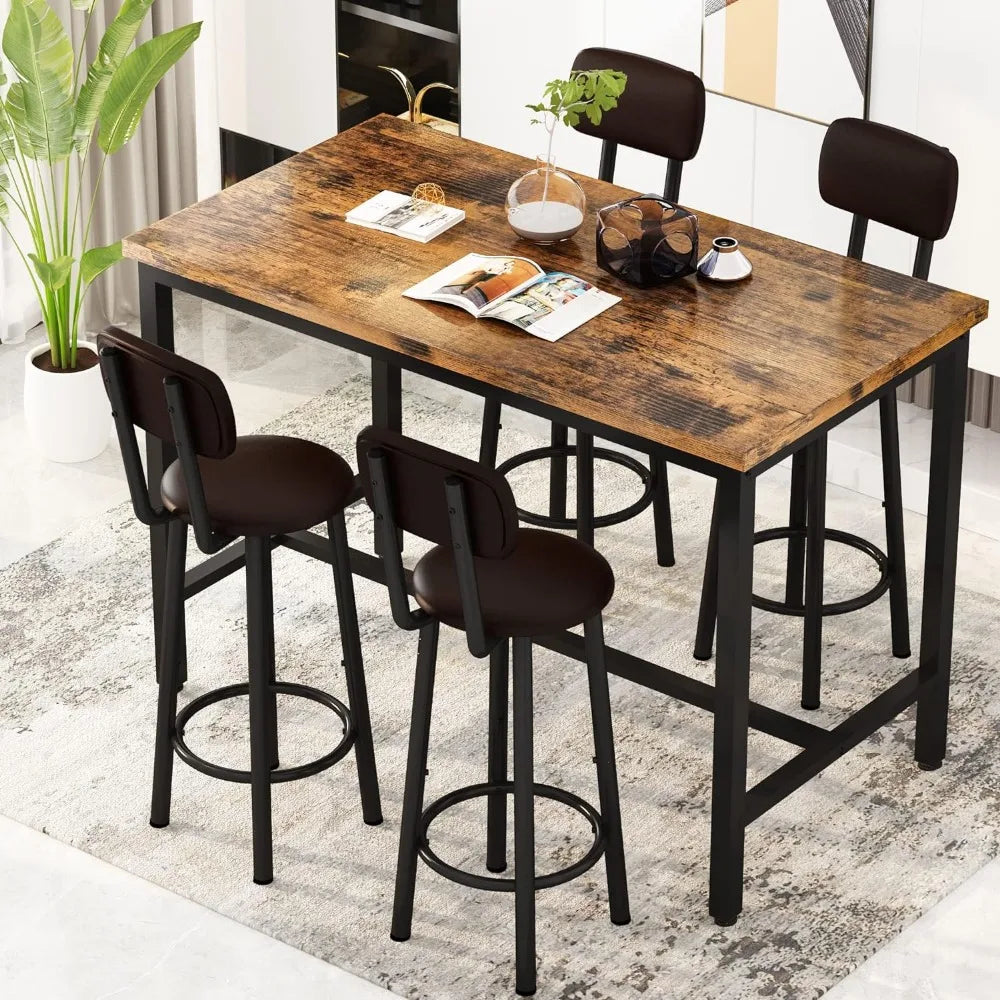 Industrial Wood Kitchen Dining Table Set with 4 PU Upholstered Chairs - 5 Pieces Home Kitchen Set with Backrest ShopOnlyDeal