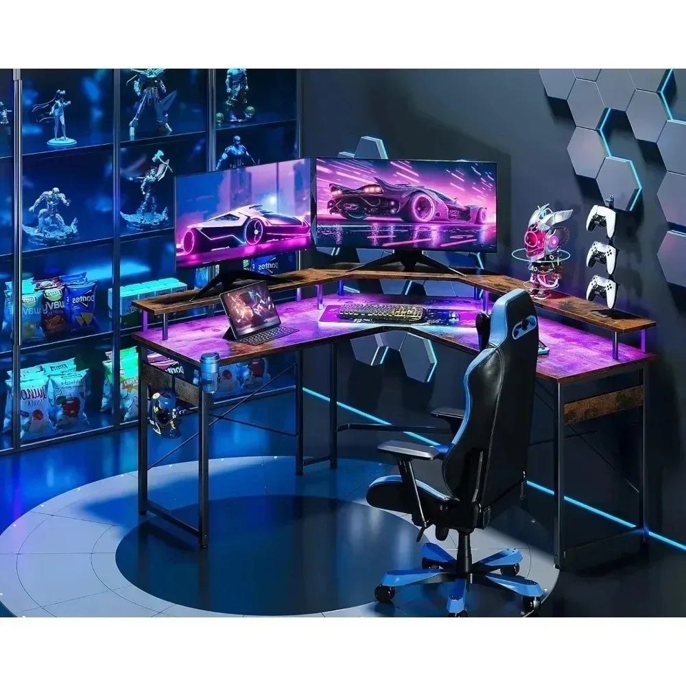 Gaming Powerhouse: 51" L Shaped Gaming Desk with LED Lights, Full Monitor Stand, and Integrated Power Outlets - Corner Desk with Cup Holder for Ultimate Gaming Setup ShopOnlyDeal