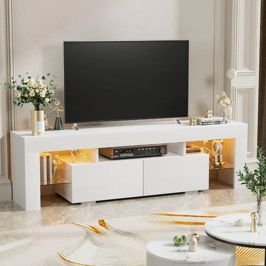 Modern LED TV Stand for Televisions up to 70 Inch with Glass Shelves and Drawer, Gaming Entertainment Center with Multiple ShopOnlyDeal