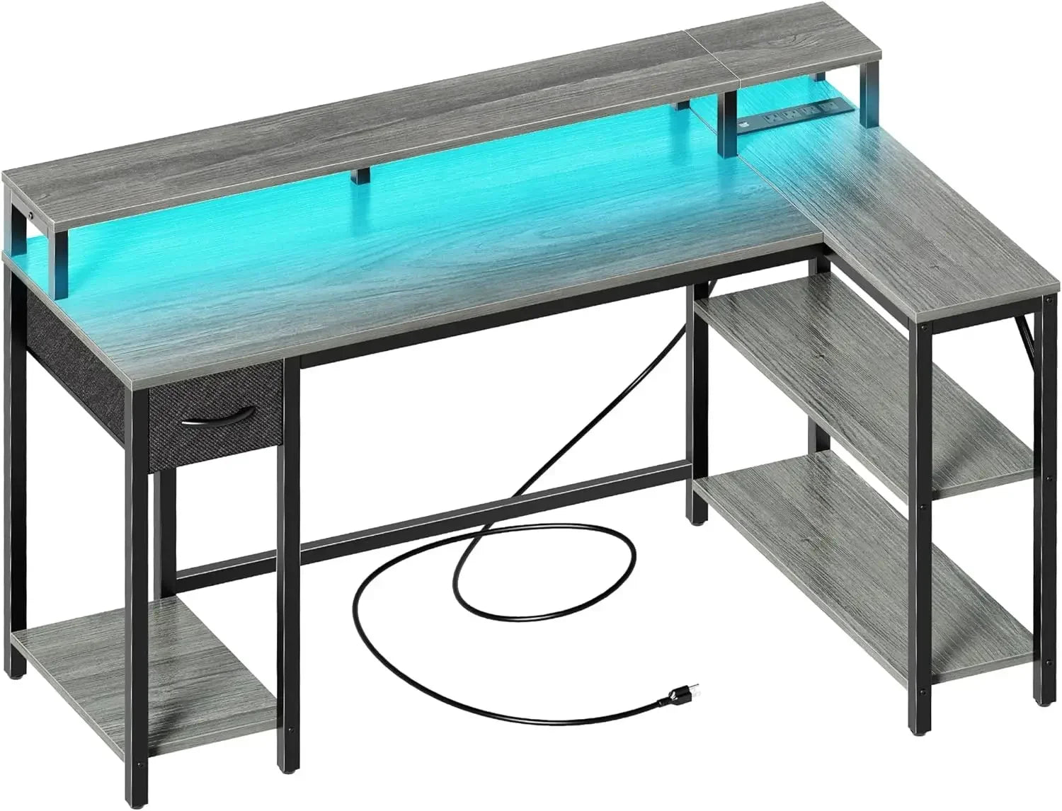 Ultimate Gaming and Workspace Fusion: L Shaped Gaming Desk with LED Lights, Power Outlets, Shelves, and Reversible Design - Your Versatile Home Office and Gaming Command Center ShopOnlyDeal