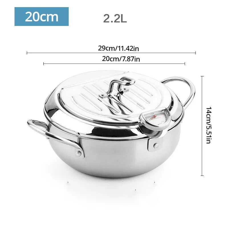 Stainless Steel Oil Pan with Thermometer and Cover - Household Tempura Oil Fryer - Small Oil-Saving French Fries Frying Pan ShopOnlyDeal