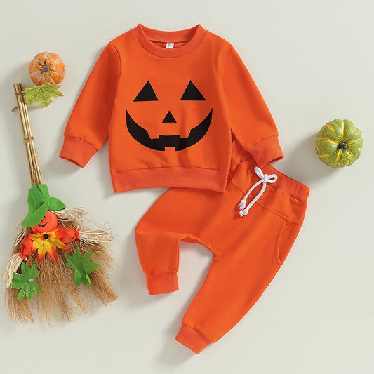 Halloween 0-4Years Toddler Boy Girl 2Pcs Halloween Outfits Long Sleeve Pumpkin Face Print T-Shirt Pocket Pants Set ShopOnlyDeal