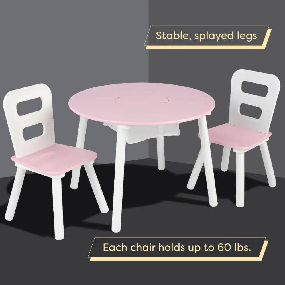 Wooden Round Table & 2 Chair Set with Center Mesh Storage for Children - Pink & White ShopOnlyDeal