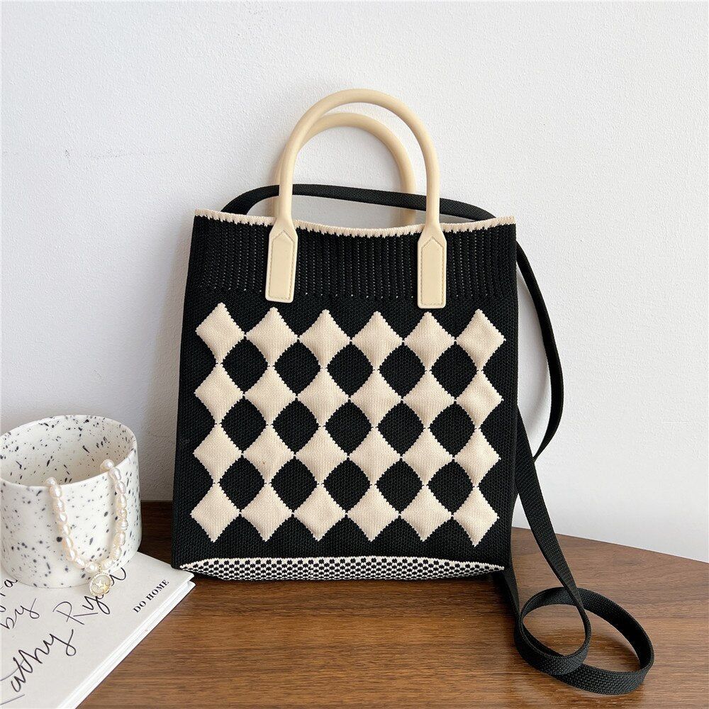 Mini Knitted Handmade Shopping Bags Women Reusable Crossbody Japanese Casua Knot Wrist Bag Student Stripe Plaid Tote Bag Phone Bag ShopOnlyDeal