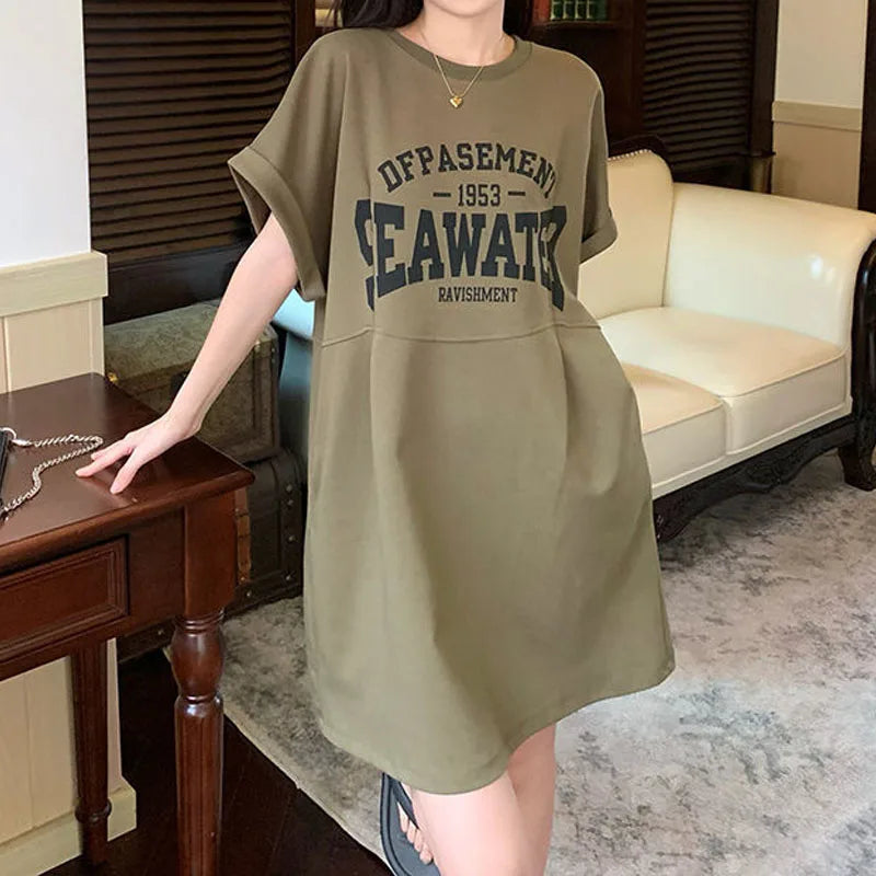 Korean Fashion Letter Printed Dresses Summer Women's Clothing Round Neck Comfortable Casual Short Sleeve Mini Dresses for Female ShopOnlyDeal