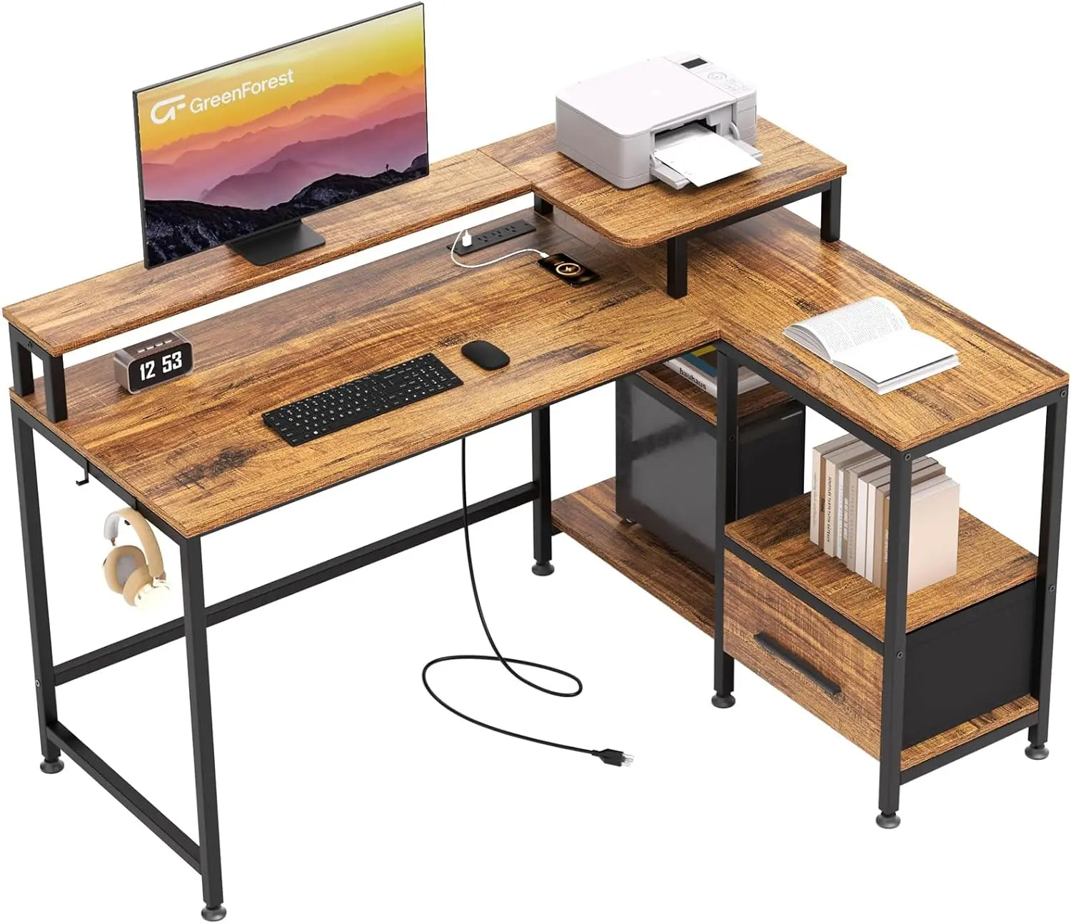 L Shaped Desk with Drawers and Power Outlet, 51 inch Computer Desk with  Printer Stand, 4 Tier Storage Shelves and Hooks ShopOnlyDeal