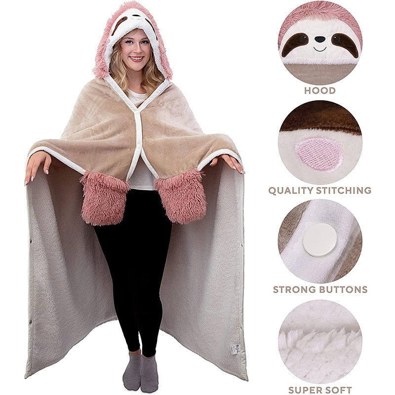 Cartoon Cute Sloth Wearable Hooded Blanket Shirt with Gloves Lambswool Soft and Comfortable Home TV Blanket ShopOnlyDeal