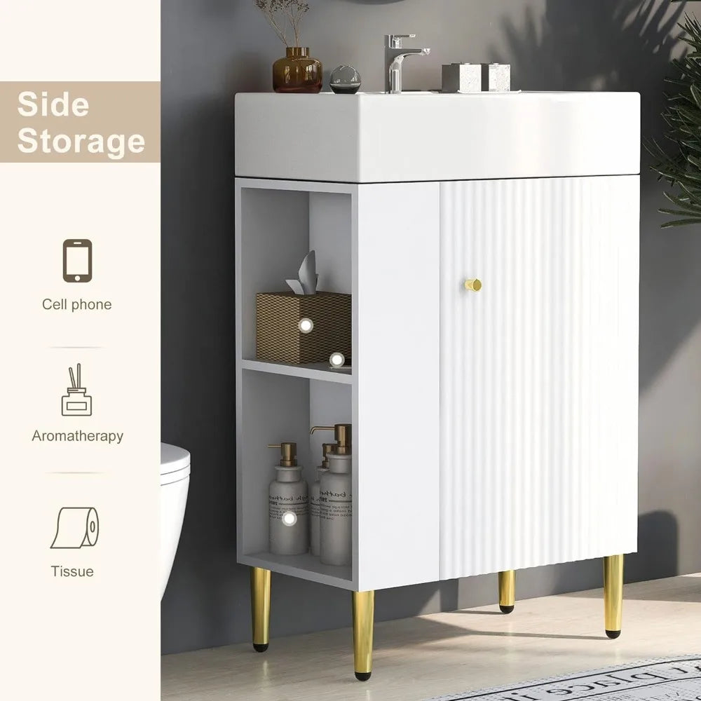 Bathroom Storage Cabinet with Ceramic Sink | 21.6-inch White Bathroom Vanity | Easy Assembly for Small Spaces | Freight Free Shelf Home ShopOnlyDeal