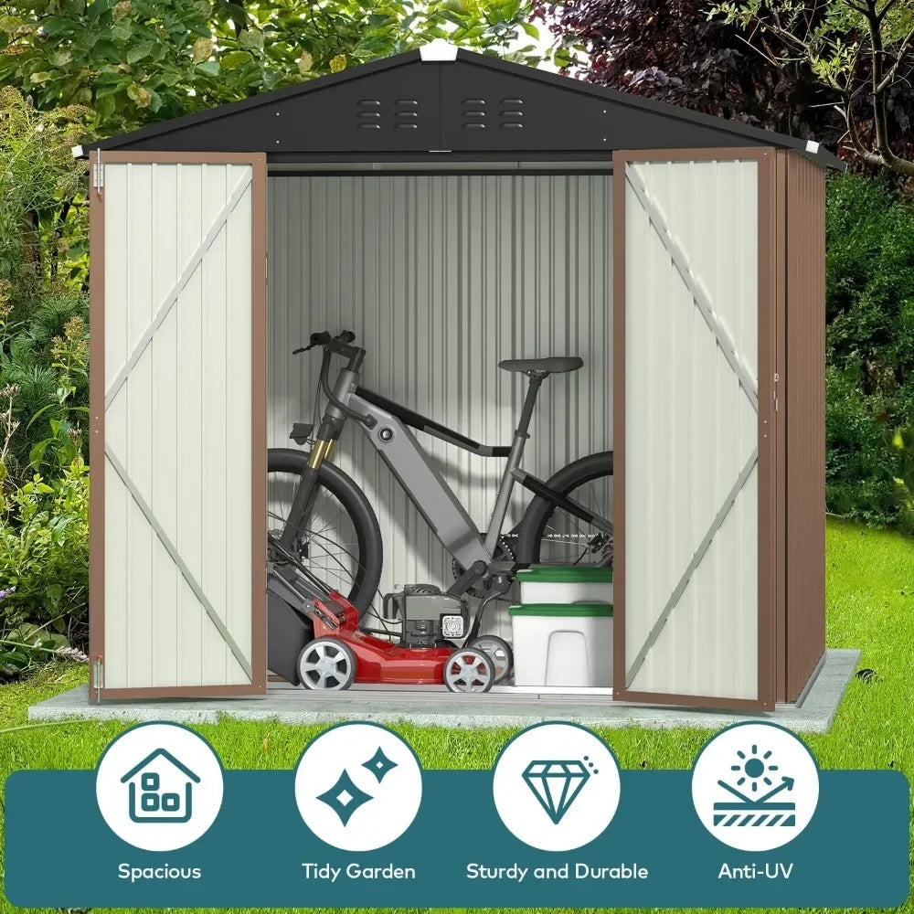 Outdoor Storage Shed 8 x 6 FT with Metal Base Frame, Galvanized Metal Garden Shed with Double Lockable Doors, Outdoor Storage ShopOnlyDeal